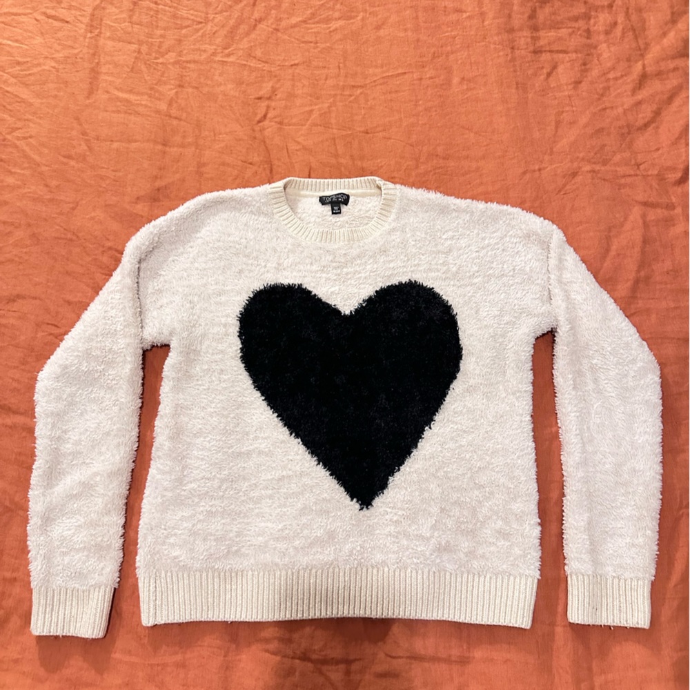 Topshop white fluffy sweater with black heart size 6